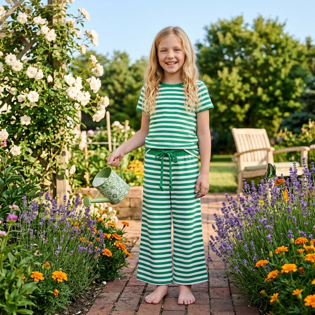 GSPO2383 Solid Dark Green Stripe Girls Set