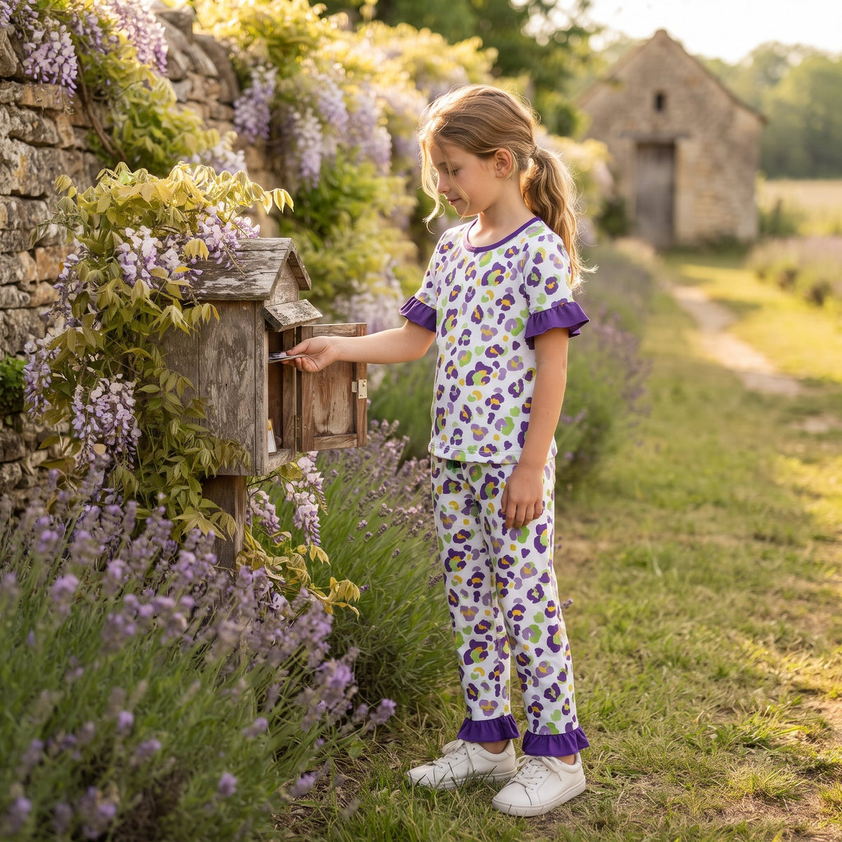 GSPO2388 Mardi Gras Leopard Purple Ruffle Girls Set