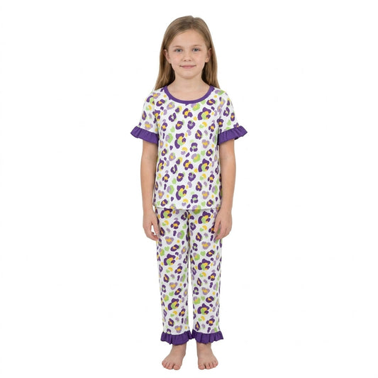 GSPO2388 Mardi Gras Leopard Purple Ruffle Girls Set