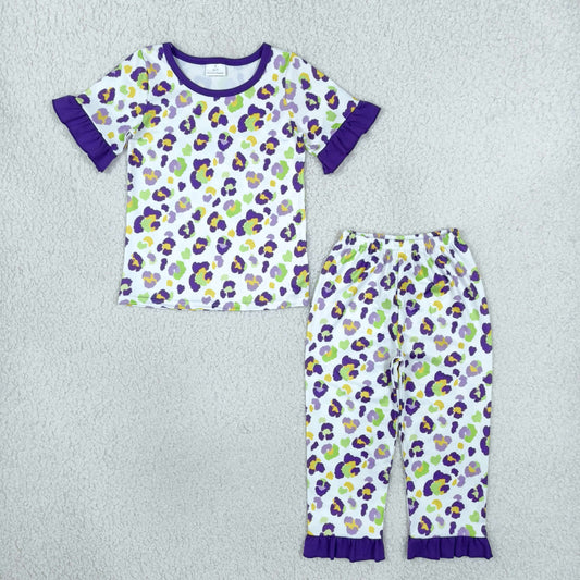 GSPO2388 Mardi Gras Leopard Purple Ruffle Girls Set