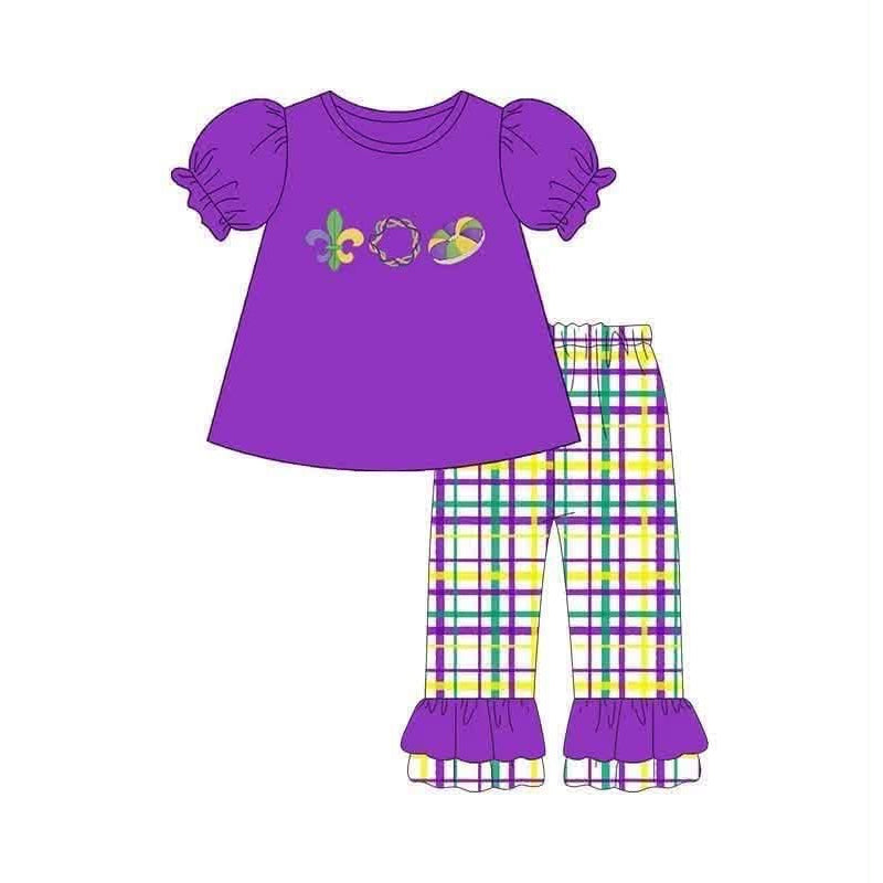 Preorder MOQ 5 pcs Each Style Mardi Gras Plaid Purple Kids Matching Clothes