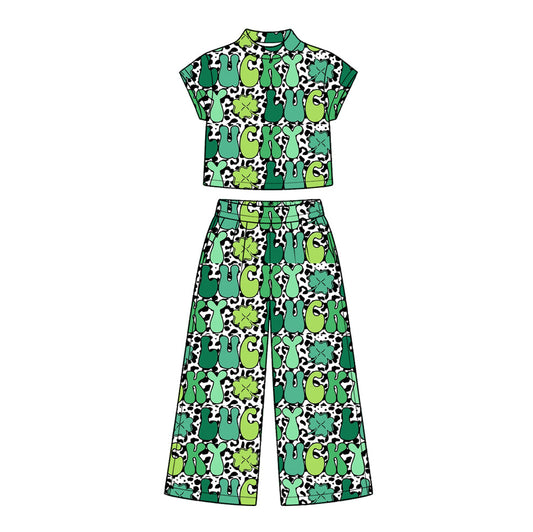 Preorder MOQ 5 pcs Each Style Saint Patrick Leaves Mockneck Kids Matching Clothes