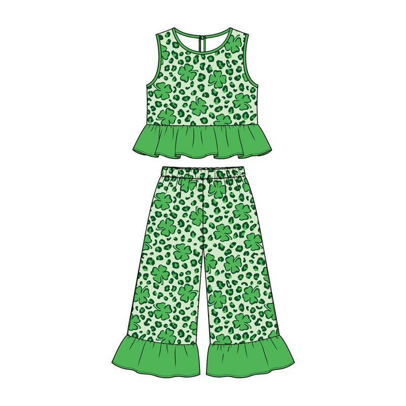 Preorder MOQ 5 pcs GSPO2426 Saint Patrick Leaves Leopard Green Ruffle Girls Set