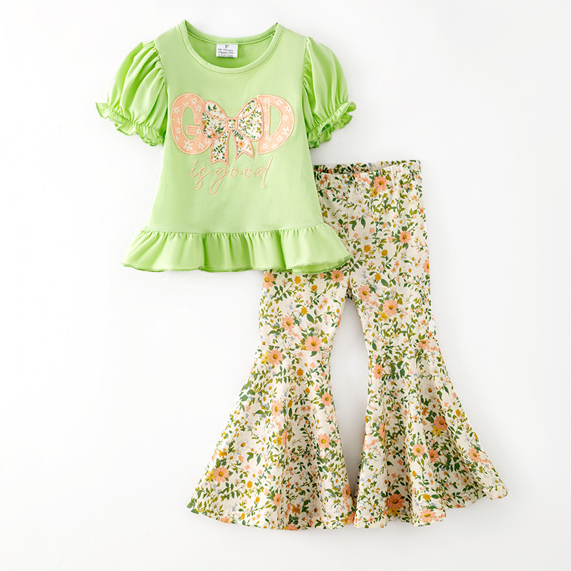 Preorder MOQ 5 pcs GSPO2430 God is Good Leaves Flower Bows Green Girls Flared Set