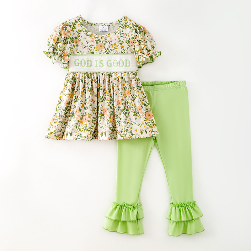 Preorder MOQ 5 pcs GSPO2431 God is Good Leaves Flower Green Girls Set