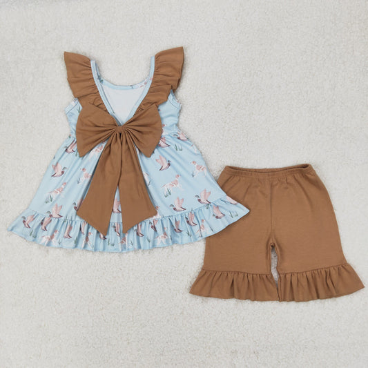 GSS2385 Duck Hunting Clothes Blue Brown Ruffle Bow Sleeveless Top Shorts Set Girls Boutique outfit 202503 RTS