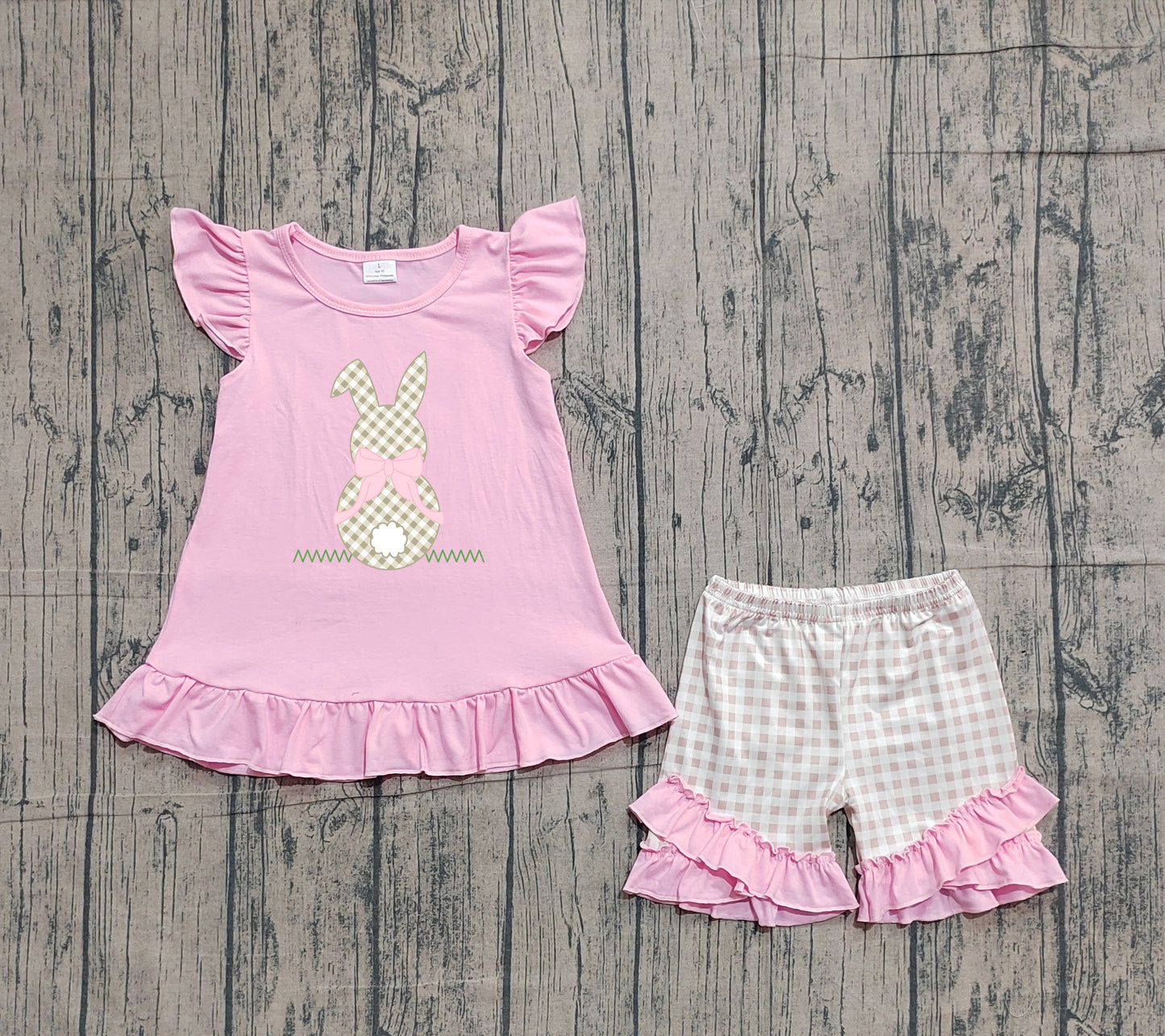 NO MOQ GSSO0374 Embroidered Easter Bunny Plaid Pink Flying Sleeve Shorts Girls Sets 202601