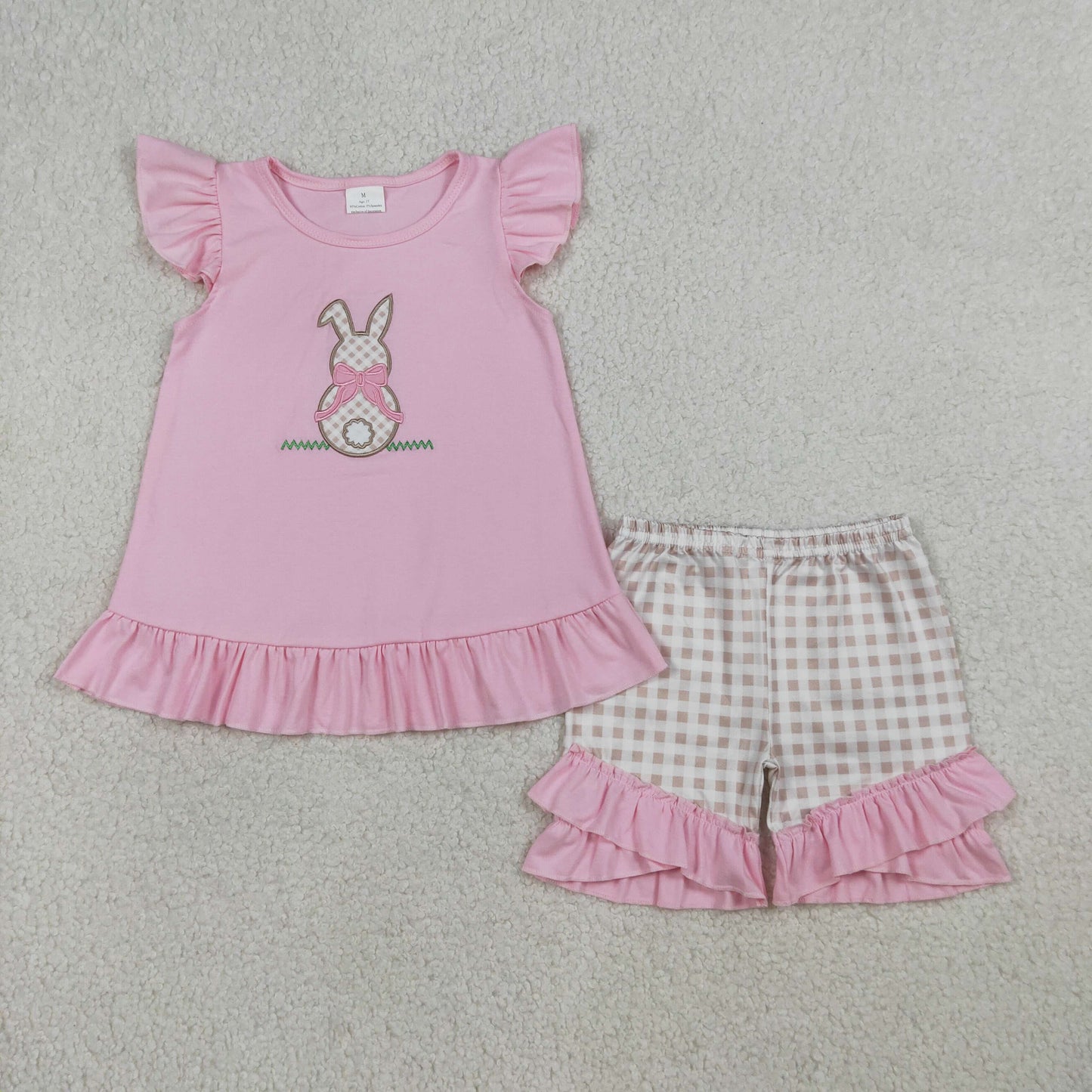 GSSO0374 Embroidered Easter Bunny Plaid Pink Flying Sleeve Shorts Girls Sets 202603 RTS