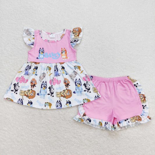 GSSO0388 Cartoon bluey pink flying sleeve shirts shorts set 202502 RTS