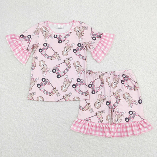 GSSO0401 Deer Pink Plaid Ruffle Girls Short Sleeve Shorts Outfits Pajamas RTS 202508
