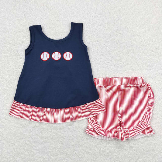 GSSO0405 Navy Blue Baseball Ruffle Red Stripe Embroidery Girls Short Sleeve Shorts Outfits 202504 RTS