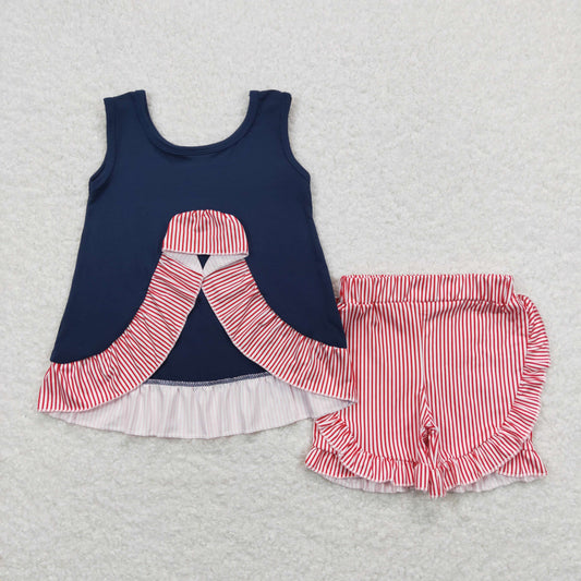 GSSO0405 Navy Blue Baseball Ruffle Red Stripe Embroidery Girls Short Sleeve Shorts Outfits 202504 RTS