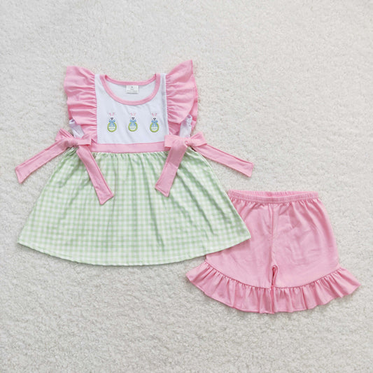 GSSO0436 Embroidered Easter Bunny Green Plaid Pink Ruffled Bow Sleeveless Shorts Girls Set RTS 202501