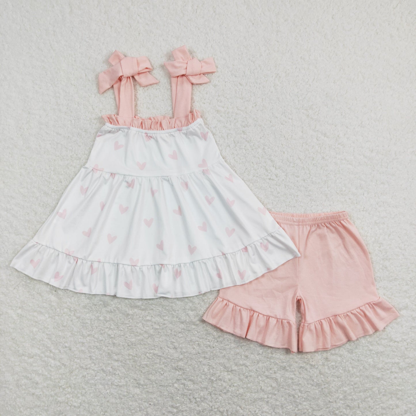 GSSO0447 Valentines day clothing Light Orange White Love Girls Sleeveless Shorts Outfits RTS 202412