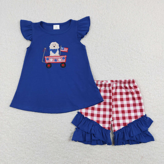 GSSO0460 Embroidered 4th of July Puppy Navy Blue Flying Sleeve Ruffle Shorts Girls Outfits RTS 202507