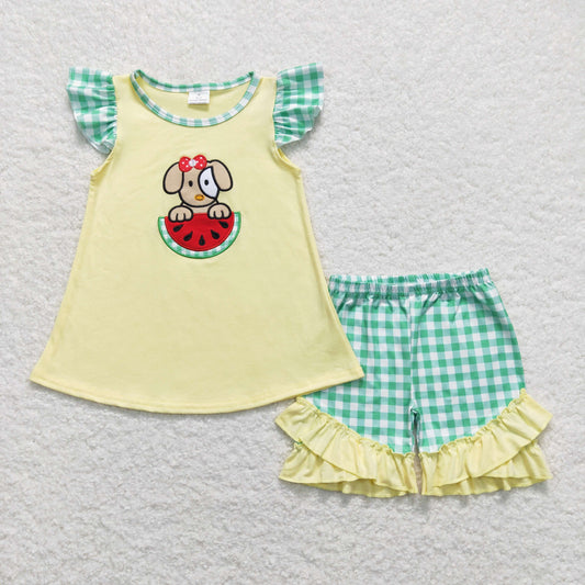 GSSO0483 Embroidered Puppy Watermelon Green Plaid Flying Sleeve Yellow Ruffle Shorts Girls Outfits RTS 202508