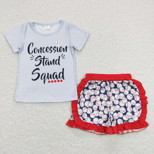 GSSO0484 Letter Gray Short Sleeve Baseball Red Ruffle Shorts Girls Outfits