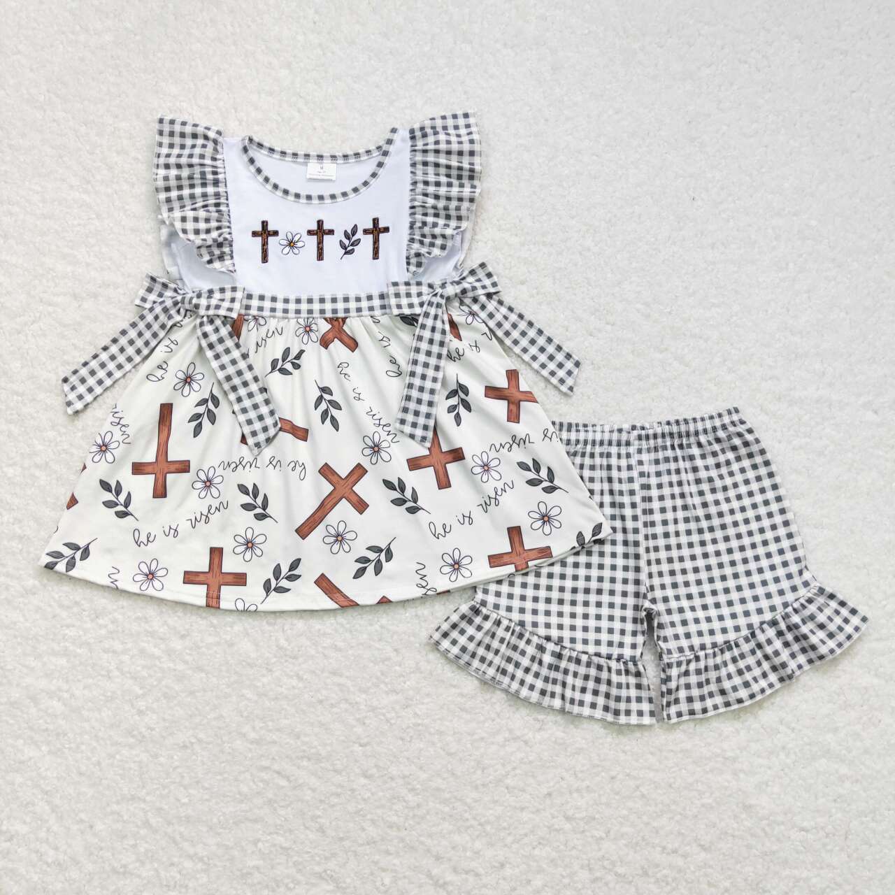 GSSO0492 Embroidered Easter Cross Flower Black Stripe Ruffle Flying Sleeve Shorts Girls Outfits RTS 202508