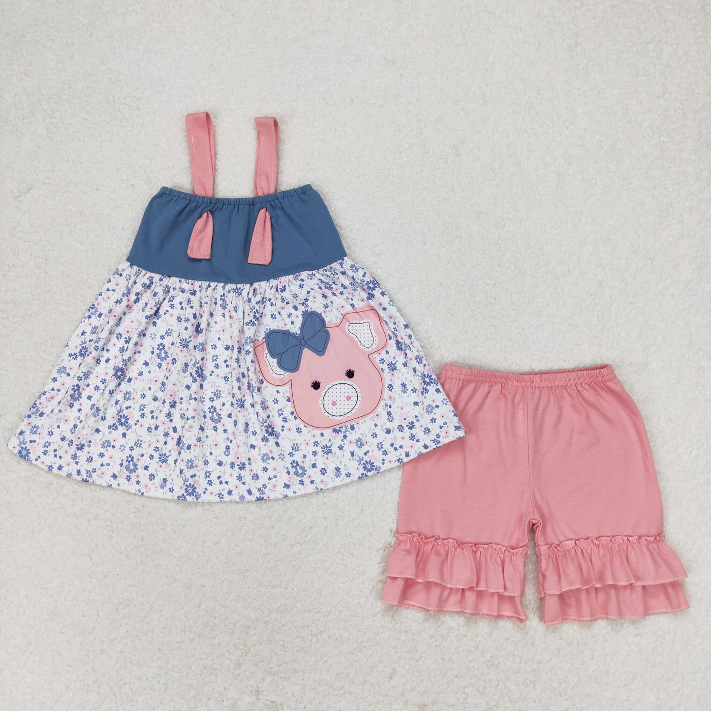 GSSO0493 Bow pig floral top pink lace shorts suit girls clothing sets 7 to 10 years