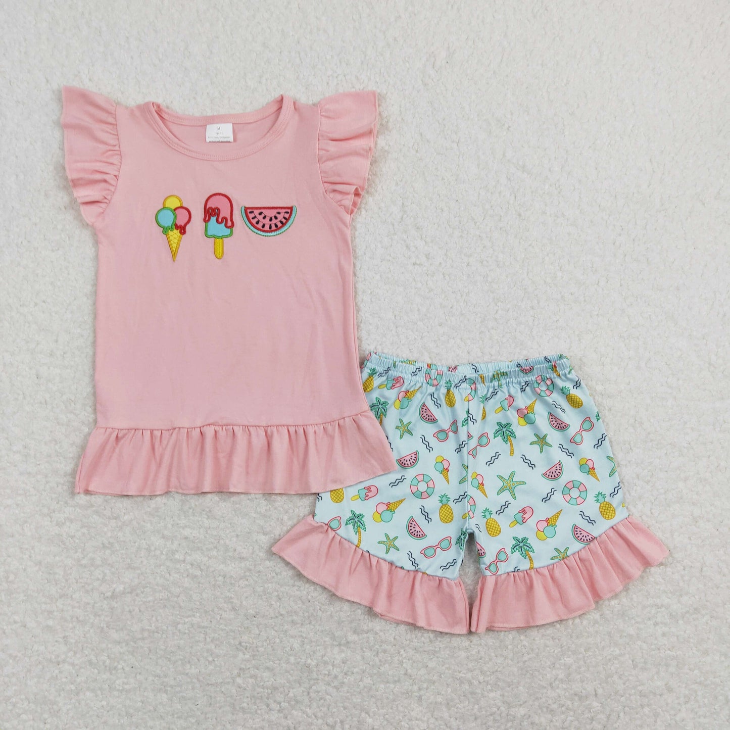GSSO0509 Embroidered Ice Cream Watermelon Pink Ruffle Flying Sleeve Shorts Girls Sets RTS 202507