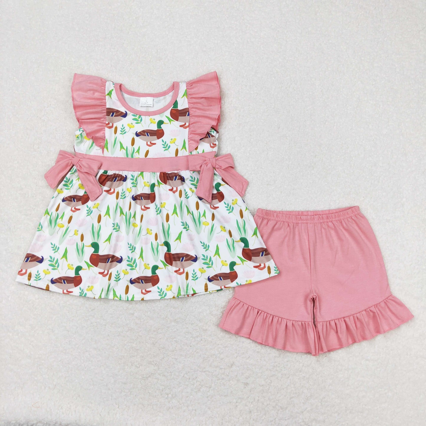 GSSO0517 Duck Pink Bows Flying Sleeve Ruffle Shorts Girls Outfits 202504 RTS