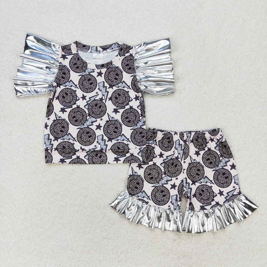 GSSO0521 Sequin Silver smiley face lightning printed short sleeve top shorts Girls boutique summer outfit 202501
