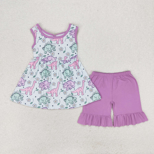 GSSO0533 Flower Dinosaur purple bow sleeveless shorts set high quality girls 8 years old girl's clothing sets