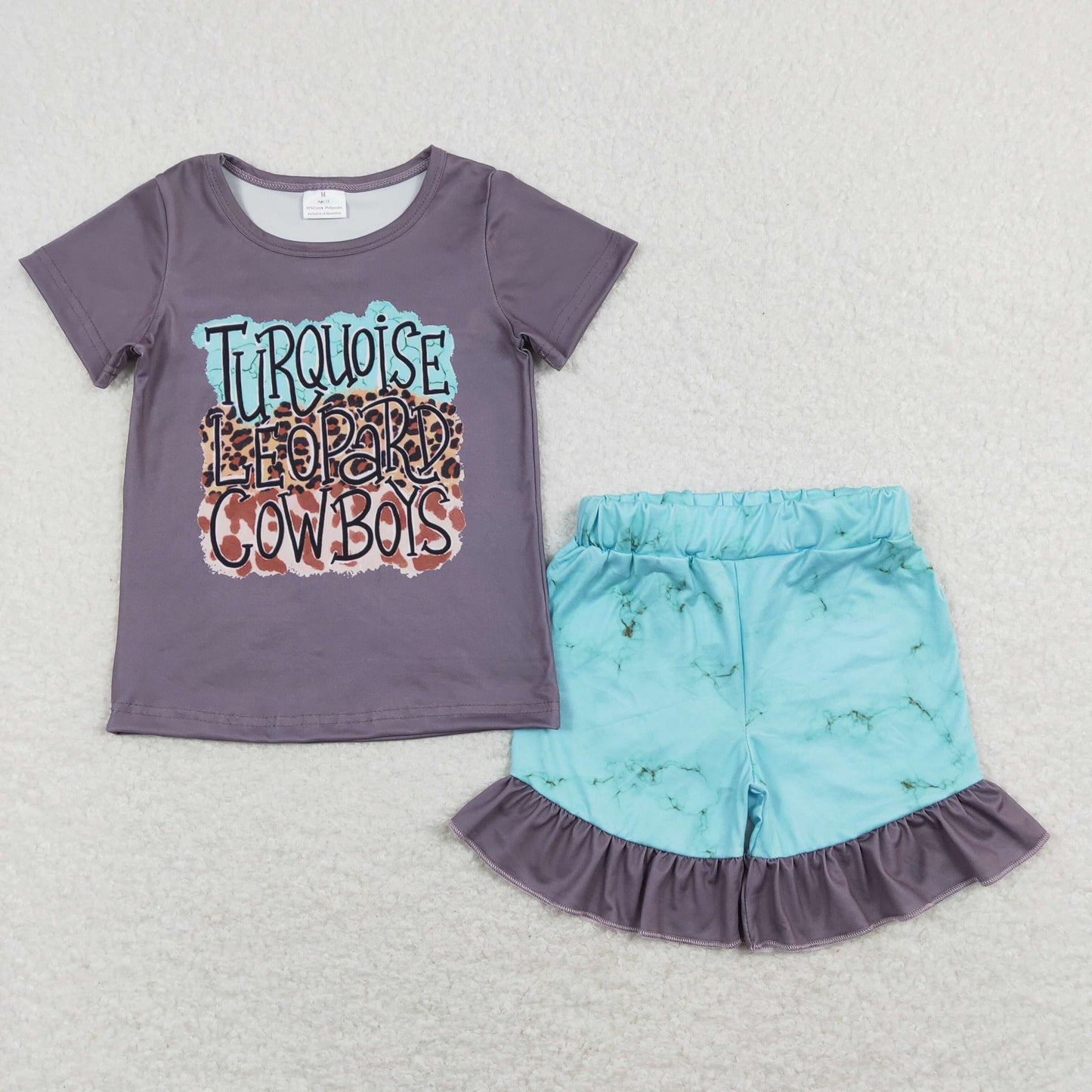 GSSO0545 Letter Leopard Gray Short Sleeve Ruffle Blue Green Shorts Girls Sets RTS 202507