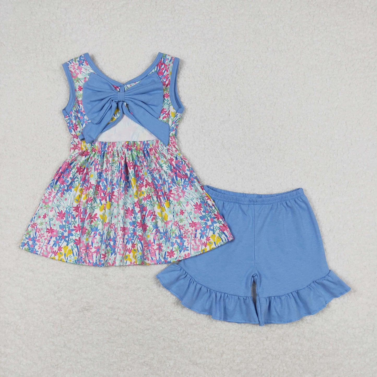GSSO0547 Girls Boutique Colored Flower Blue Bow Sleeveless Shorts Sets 20240402 RTS