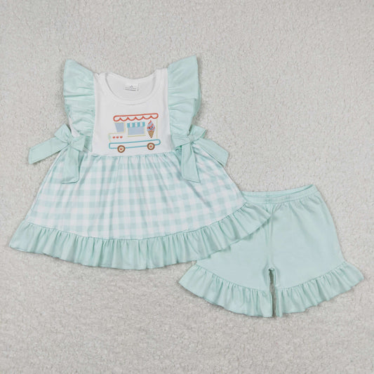 GSSO0554 Ice Cream Cart Grid Blue Green Ruffle Flying Sleeve Shorts Girls Sets RTS 202508