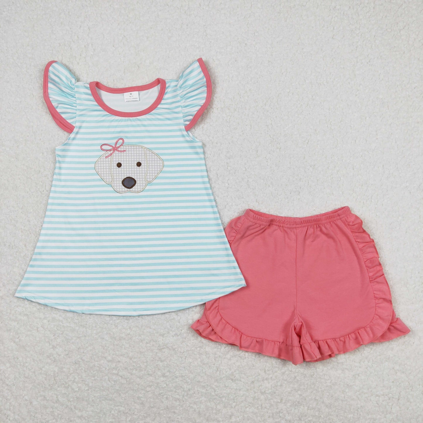 GSSO0555 Embroidered Puppy Blue Stripe Flying Sleeve Pink Ruffled  Shorts Girls Sets RTS 202508