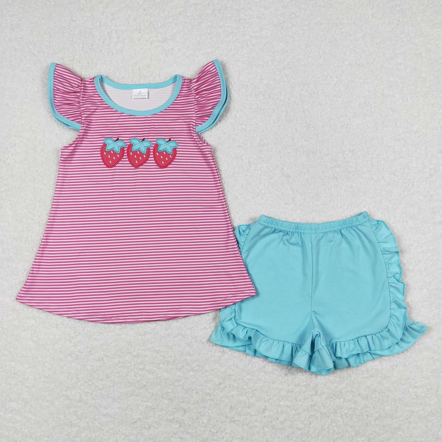 GSSO0556 Hot Pink Striped Embroidery Strawberry Flying sleeve top Blue Ruffled shorts boutique girls clothing sets summer outfit RTS 202501