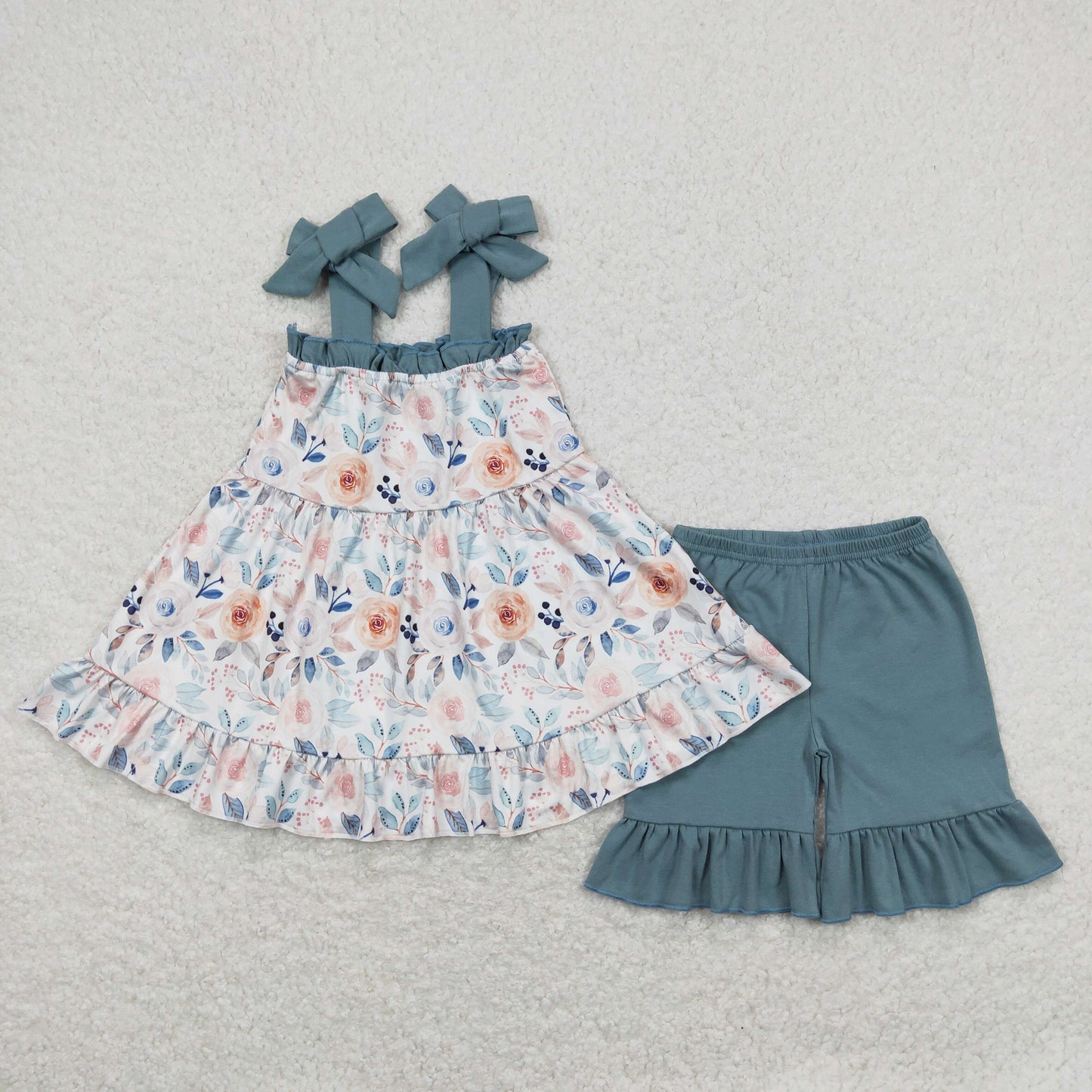 GSSO0562 Floral Blue Lace Suspender Shorts Girls Set RTS 202508