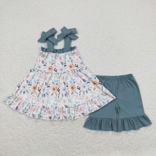 GSSO0562 Floral Blue Lace Suspender Shorts Girls  Set RTS 202508