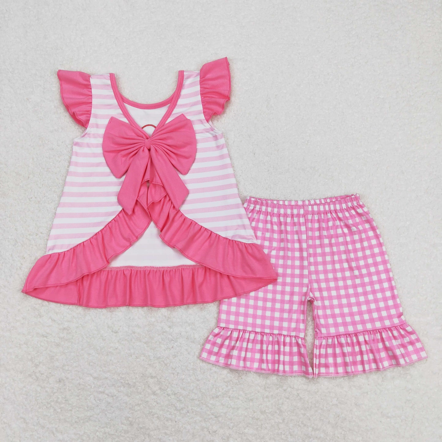 GSSO0563 Embroidered I Love Dad Pink Bows Plaid Ruffle Flying Sleeve Shorts Sets 20240410 RTS