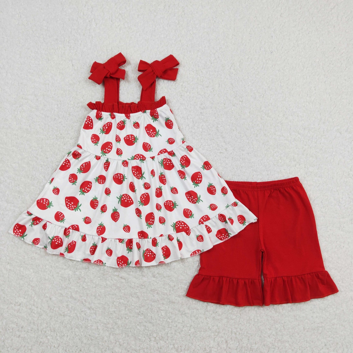 GSSO0567 Red Strawberry Sleeveless top ruffle shorts Girls boutique summer outfit 202501