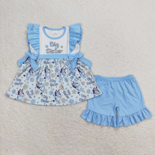 GSSO0577 Blue Dog Cartoon  Girls Short Sleeve Shorts Outfits 202404 RTS