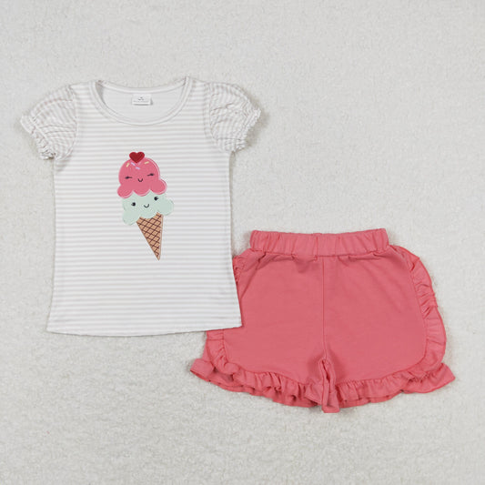 GSSO0579 Ice Cream White Red Stripe Short Sleeve Shorts Girls Outfits 202504 RTS