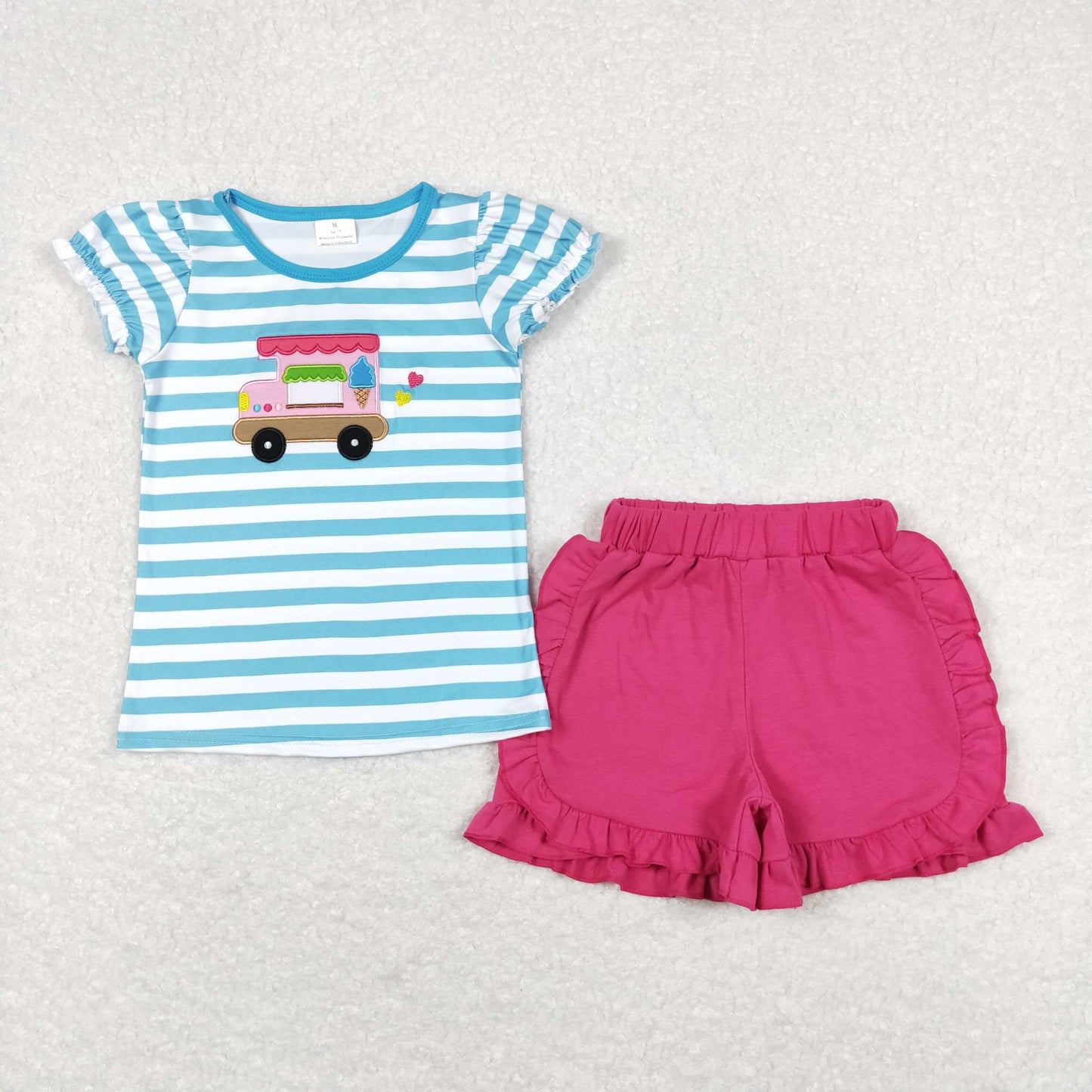 GSSO0580 ice cream truck blue stripe short sleeve rose red ruffle shorts sets girls boutique outfit 20240408 RTS
