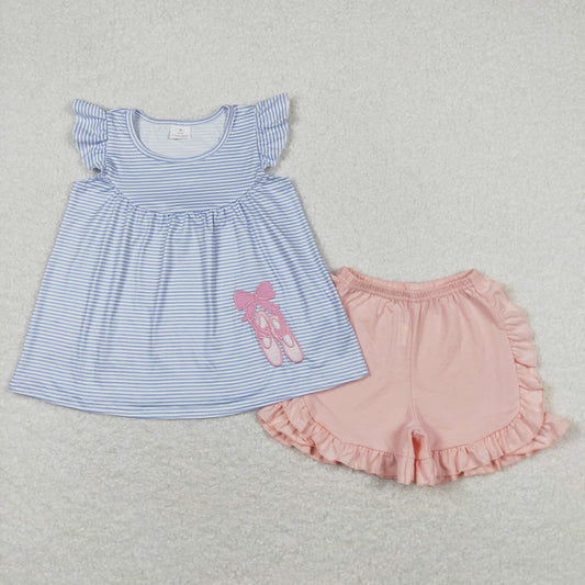 GSSO0582 Ballet Shoes Blue Stripe Fly Sleeve Top Pink Ruffle Shorts Sets Girls Boutique Summer clothes 202404 RTS