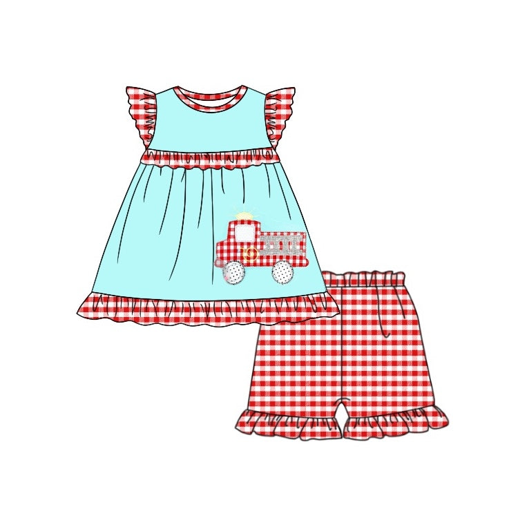 Preorder GSSO0584 Blue Red Car Girls Short Sleeve Shorts Outfits