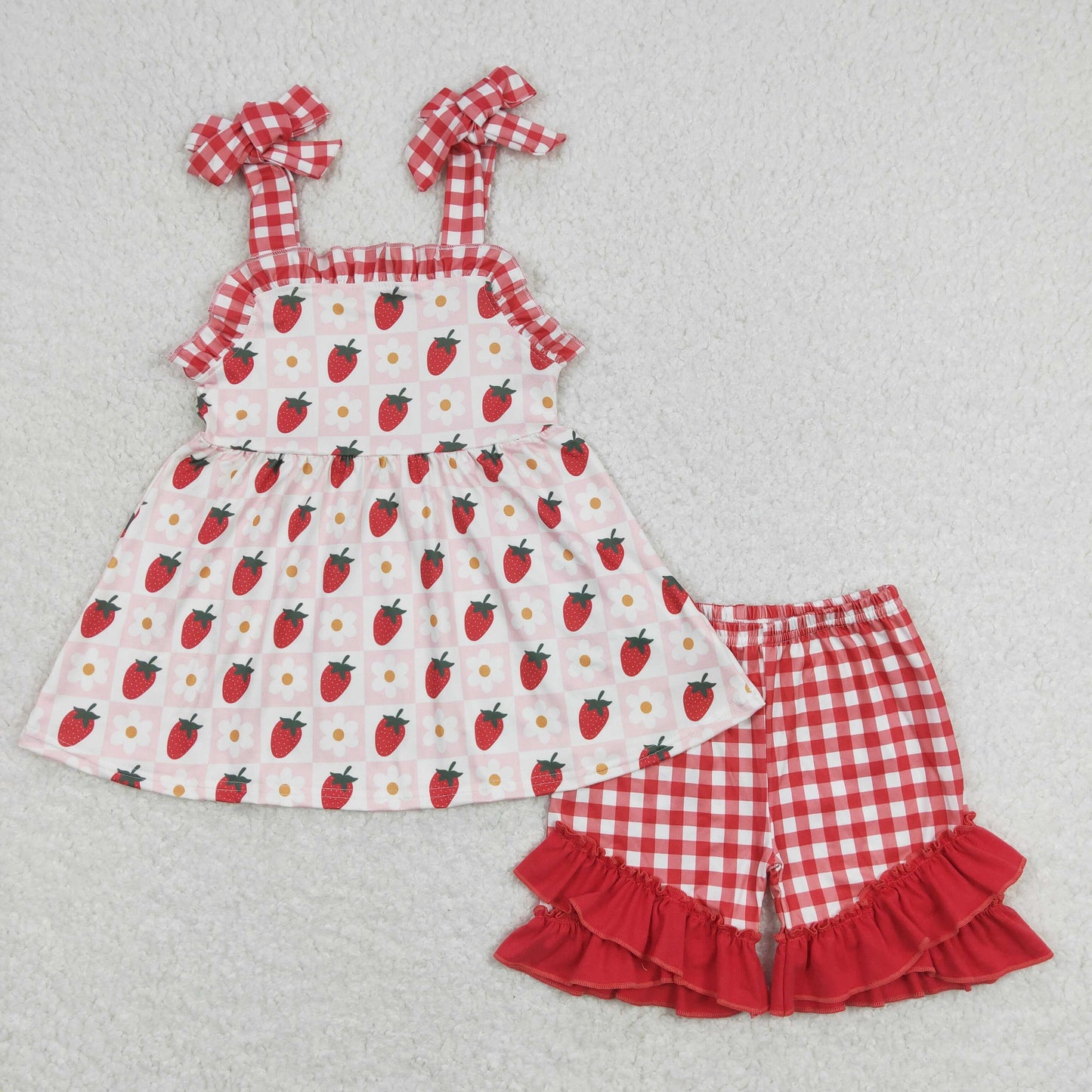 GSSO0588 Strawberry Flower Red Plaid Ruffle Sleeveless Shorts Girls Sets RTS 202507