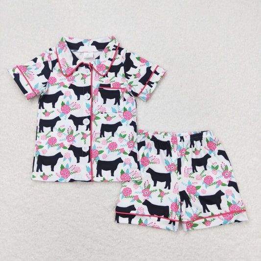 GSSO0590 Sweet Girl Hot Pink Black Cow Flower short sleeve top shorts pajamas Girls boutique summer outfit 202501