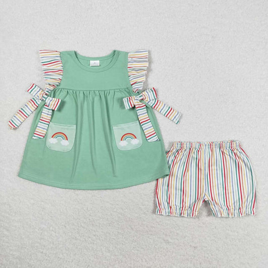 GSSO0596 Colorful striped lace bow rainbow flying sleeve shorts set kids milk silk print girl clothing set