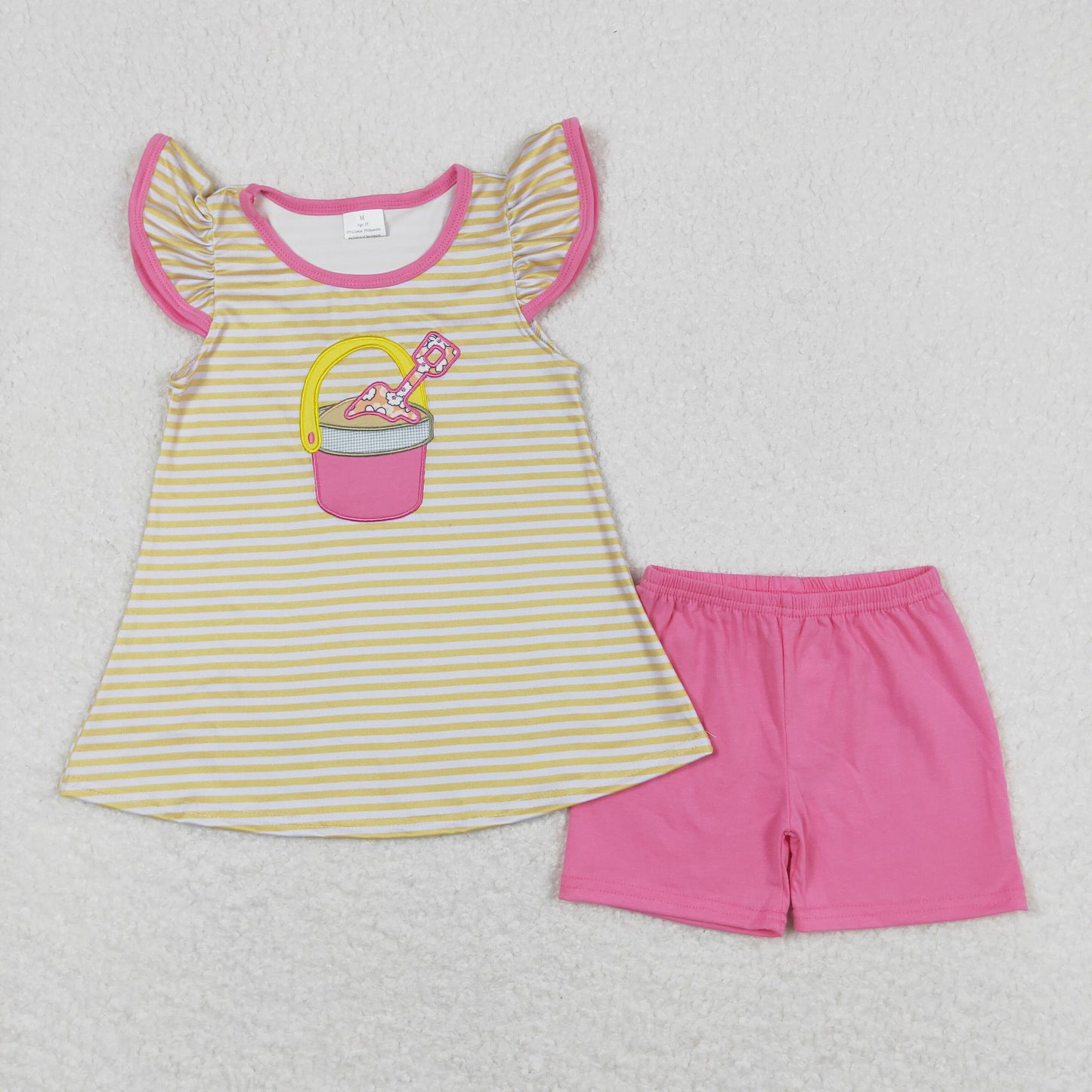 GSSO0600 Embroidered Beach Bucket and Shovel Yellow Striped Flying Sleeve Pink Shorts Girls Set RTS 202508