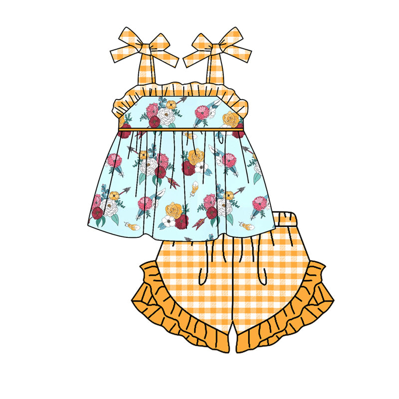 Preorder GSSO0604 Yellow Blue Floral Girls Short Sleeve Shorts Outfits