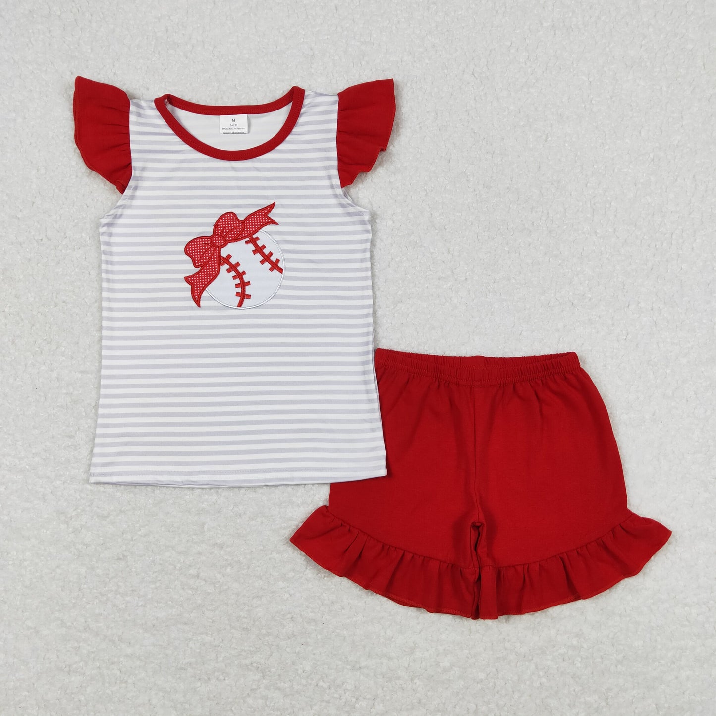 GSSO0605 Embroidered Baseball Striped Red Flying Sleeve Shorts Girls Set RTS 202508