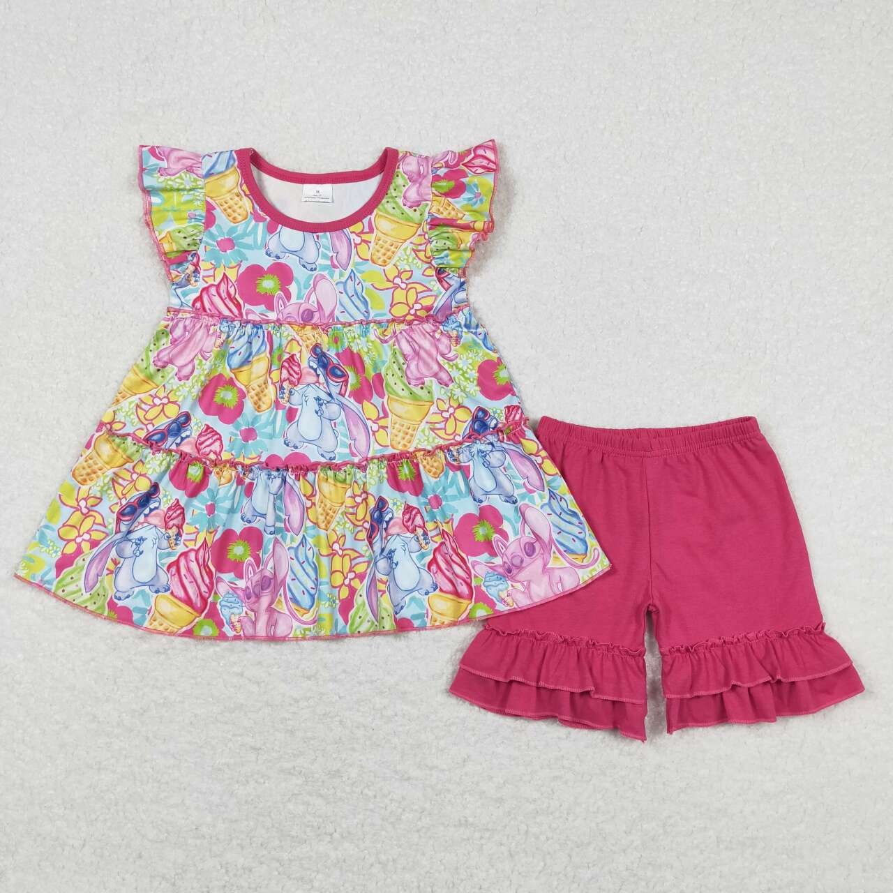 GSSO0608 Cartoon Stitch Rose Red Fly Sleeve Top Ruffle Shorts Sets Girls Boutique Summer clothes 202404 RTS