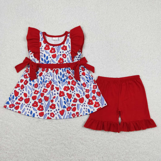 GSSO0609 Red Ruffled Bow Flower Blue leaf sleeveless top shorts Baby Girl boutique summer outfit 202501