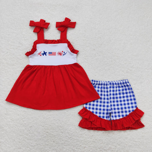 GSSO0611 4th of July Embroidered Flag Fireworks Red Tunic Ruffle Sleeveless Blue Plaid Shorts Sets Girls Boutique Outfit 202404 RTS